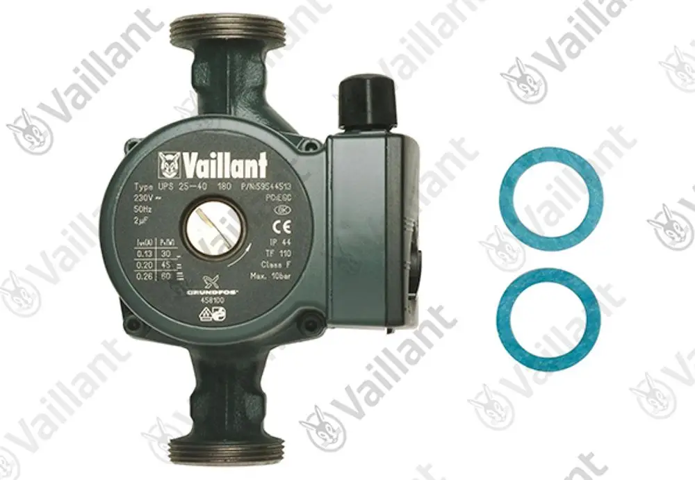 Vaillant Umwälzpumpe mit zwei Dichtungen. Das Produkt zeigt Daten wie Leistung, Spannung und Frequenz auf der Frontseite.